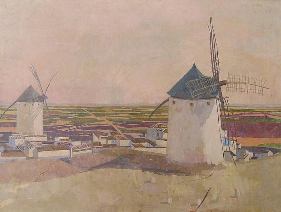 A painting of two whitewashed windmills with dark conical caps and lattice sails on a bare hillside above a village of low white houses with tiled roofs, with a patchwork plain of purple, green and ochre fields stretching to a flat horizon under a pale pink sky.